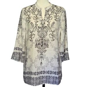 Chicos Linen Beaded Tunic Top Womens Size 1 (M)‎ White Black Paisley Resort Boho